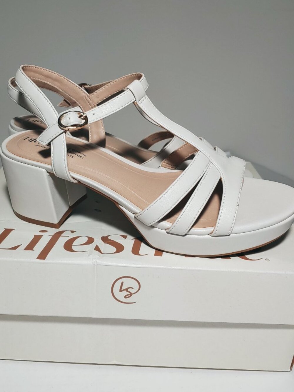 Life Stride Rio Ankle Strap Platform Sandal Size 8W Bone Heirloom Cream